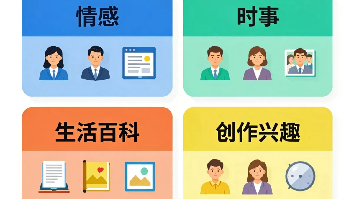 海角论坛各版块内容分类示意图，展示情感、时事、生活和创作四大方向的分区结构