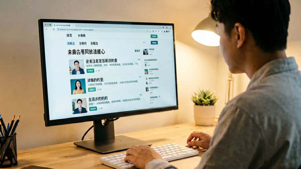 海角论坛用户在电脑前浏览论坛版块，屏幕上显示多个热议帖子列表